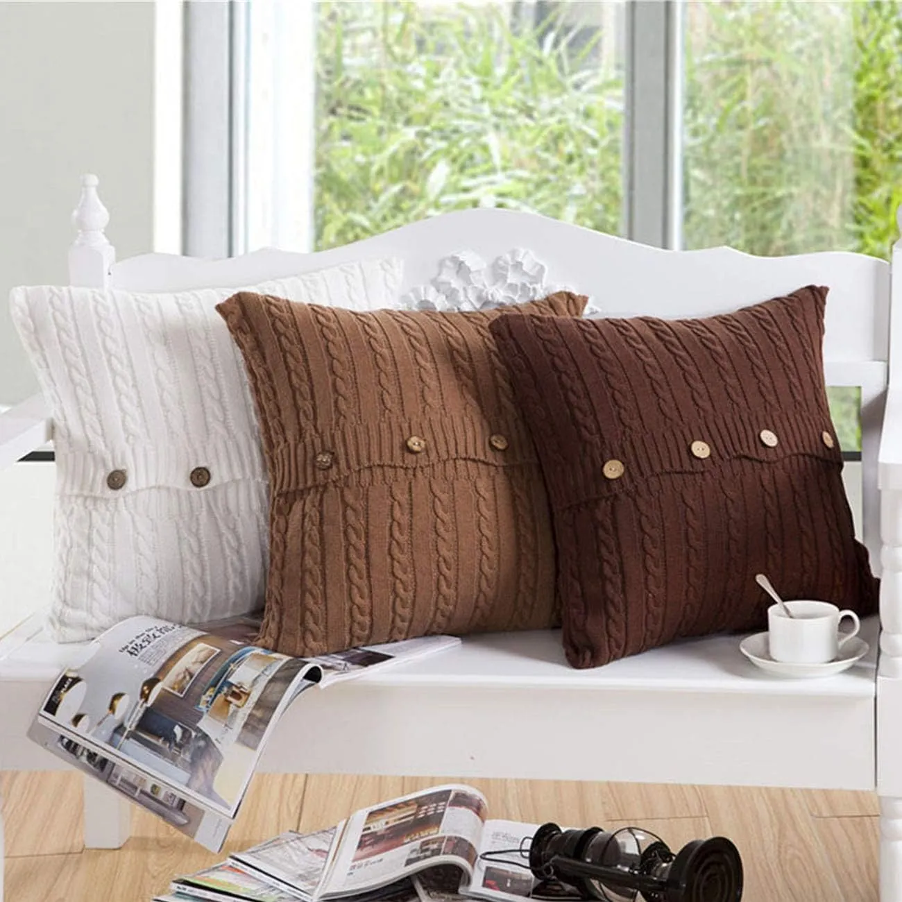 Cotton Knitted Decorative Soft Warm Throw Pillow Case Cushion Cover Home Decor Pillow Cover with Buttons 18" x 18" (Cover Only, Light Coffee)