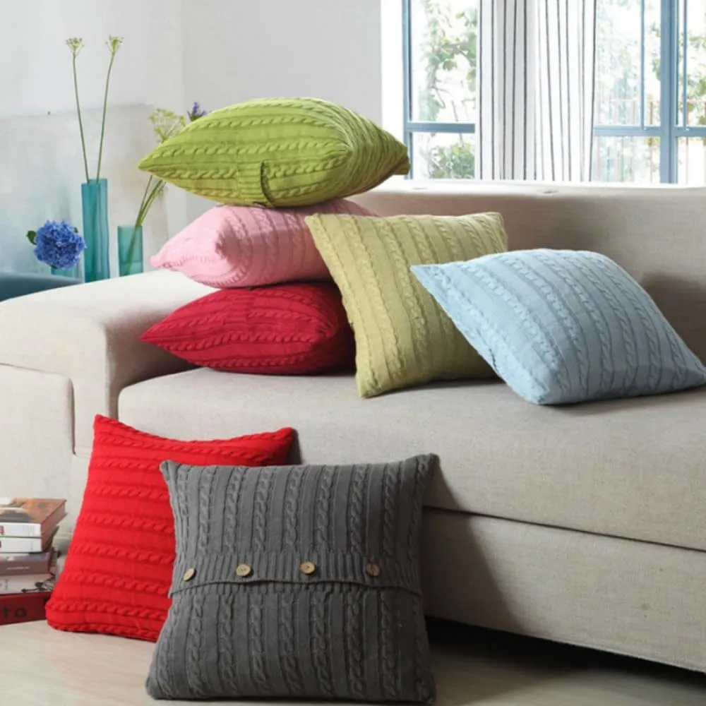 Cotton Knitted Decorative Soft Warm Throw Pillow Case Cushion Cover Home Decor Pillow Cover with Buttons 18" x 18" (Cover Only, Light Coffee)