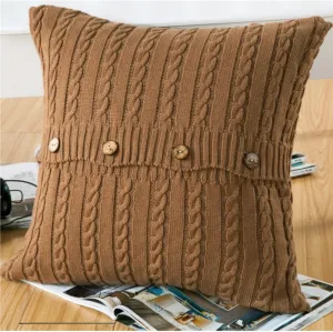 Cotton Knitted Decorative Soft Warm Throw Pillow Case Cushion Cover Home Decor Pillow Cover with Buttons 18" x 18" (Cover Only, Light Coffee)