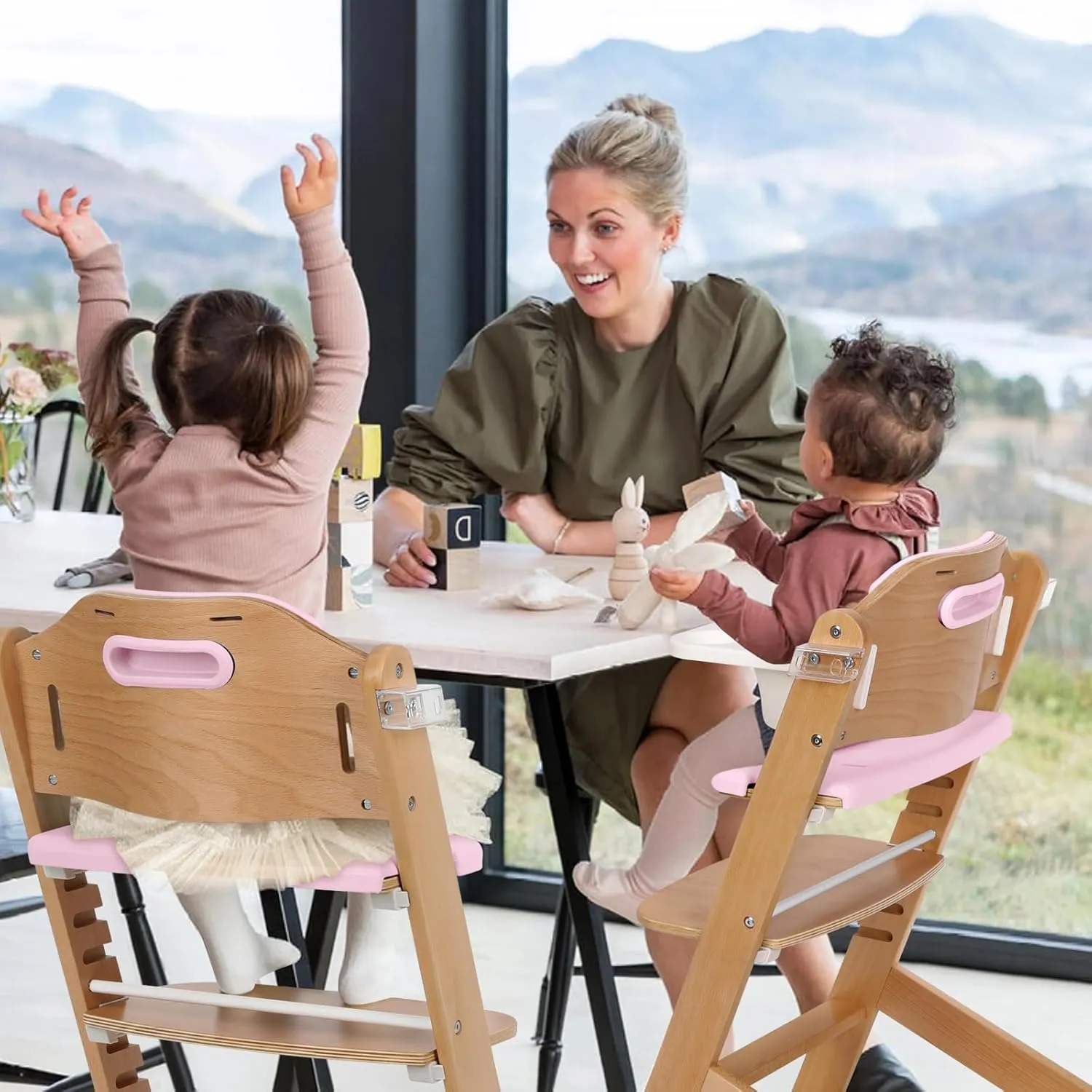 Cowiewie Natural Wooden High Chair for Babies & Toddlers 3-Tier Remove Adjustable Tray and Highchair with Cushions, Easy to Clean, Portable. (Pink)