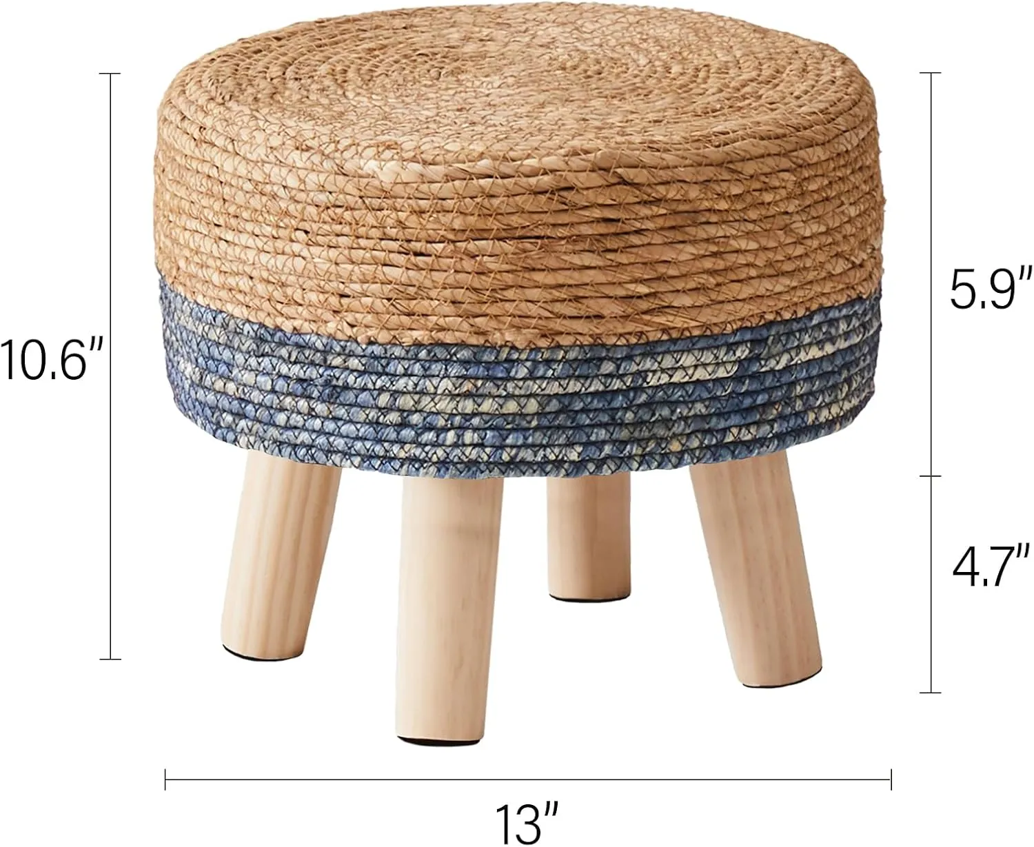 Cpintltr Foot Stool Natural Seagrass Hand Weave Poufs Round Ottoman for Couch Desk Soft Step Stool Padded Foot Rest with Non-Skid Pine Legs for Hallway Office Lounge Natural/Blue