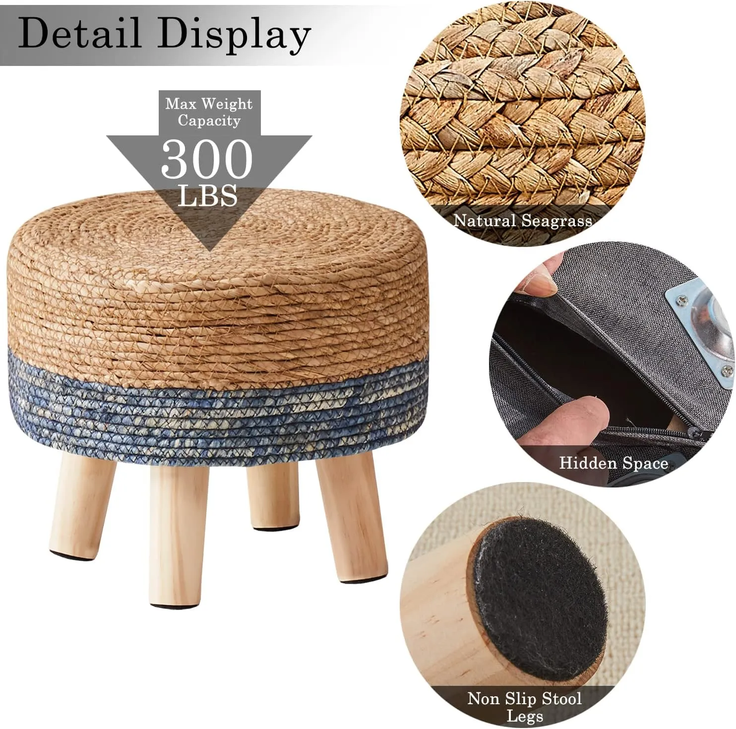 Cpintltr Foot Stool Natural Seagrass Hand Weave Poufs Round Ottoman for Couch Desk Soft Step Stool Padded Foot Rest with Non-Skid Pine Legs for Hallway Office Lounge Natural/Blue