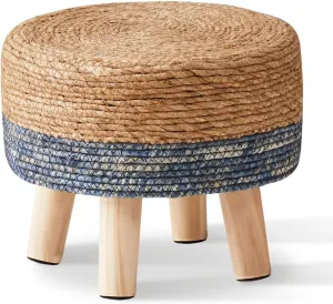 Cpintltr Foot Stool Natural Seagrass Hand Weave Poufs Round Ottoman for Couch Desk Soft Step Stool Padded Foot Rest with Non-Skid Pine Legs for Hallway Office Lounge Natural/Blue