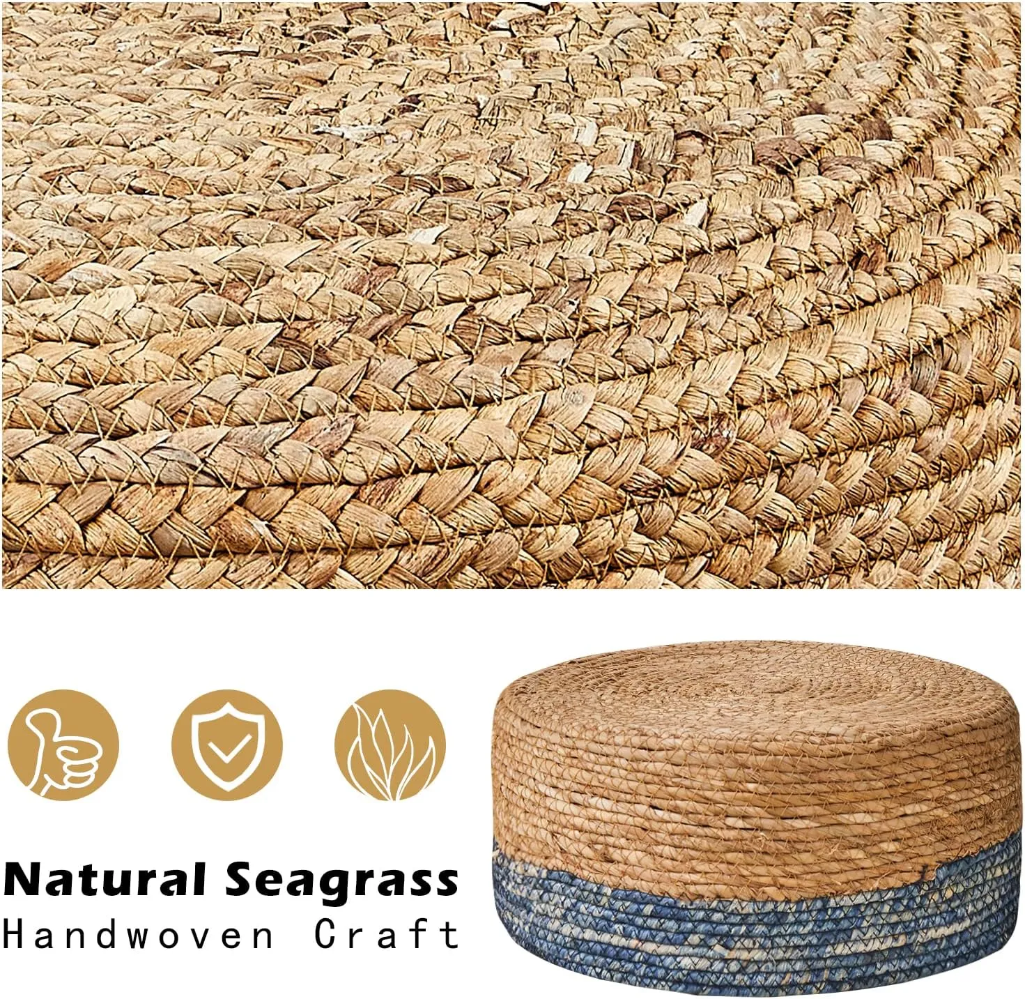 Cpintltr Foot Stool Natural Seagrass Hand Weave Poufs Round Ottoman for Couch Desk Soft Step Stool Padded Foot Rest with Non-Skid Pine Legs for Hallway Office Lounge Natural/Blue
