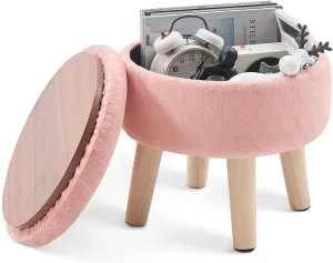 Cpintltr Round Footstool Ottoman Rabbit Wool Mushroom Stool Solid Wood Stool Small Upholstered Ottoman Shoe Changing Foot Stool Step Stool Sofa Footrest Stool for Living Room (Storage-Pink)