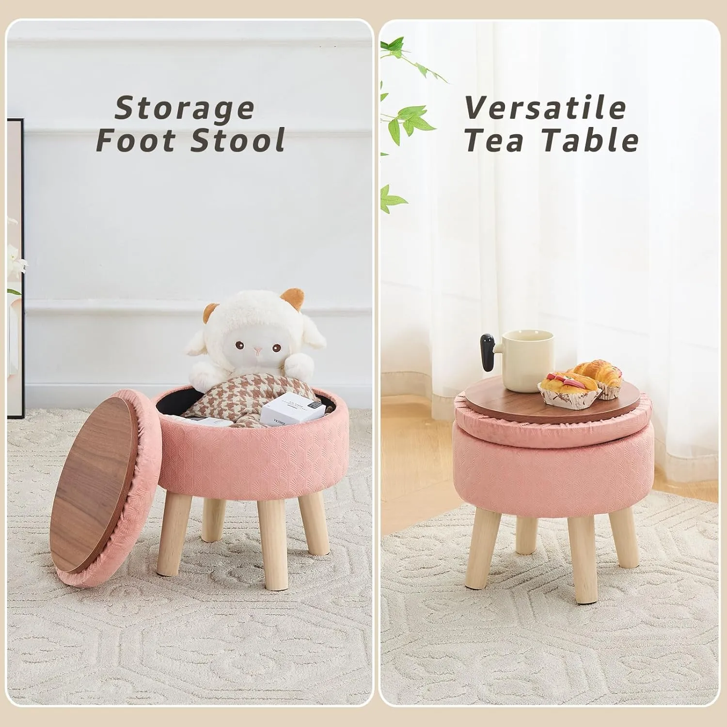 Cpintltr Round Footstool Ottoman Rabbit Wool Mushroom Stool Solid Wood Stool Small Upholstered Ottoman Shoe Changing Foot Stool Step Stool Sofa Footrest Stool for Living Room (Storage-Pink)