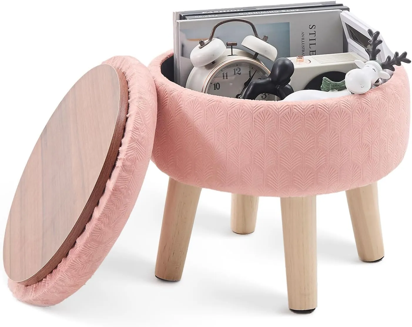Cpintltr Round Footstool Ottoman Rabbit Wool Mushroom Stool Solid Wood Stool Small Upholstered Ottoman Shoe Changing Foot Stool Step Stool Sofa Footrest Stool for Living Room (Storage-Pink)