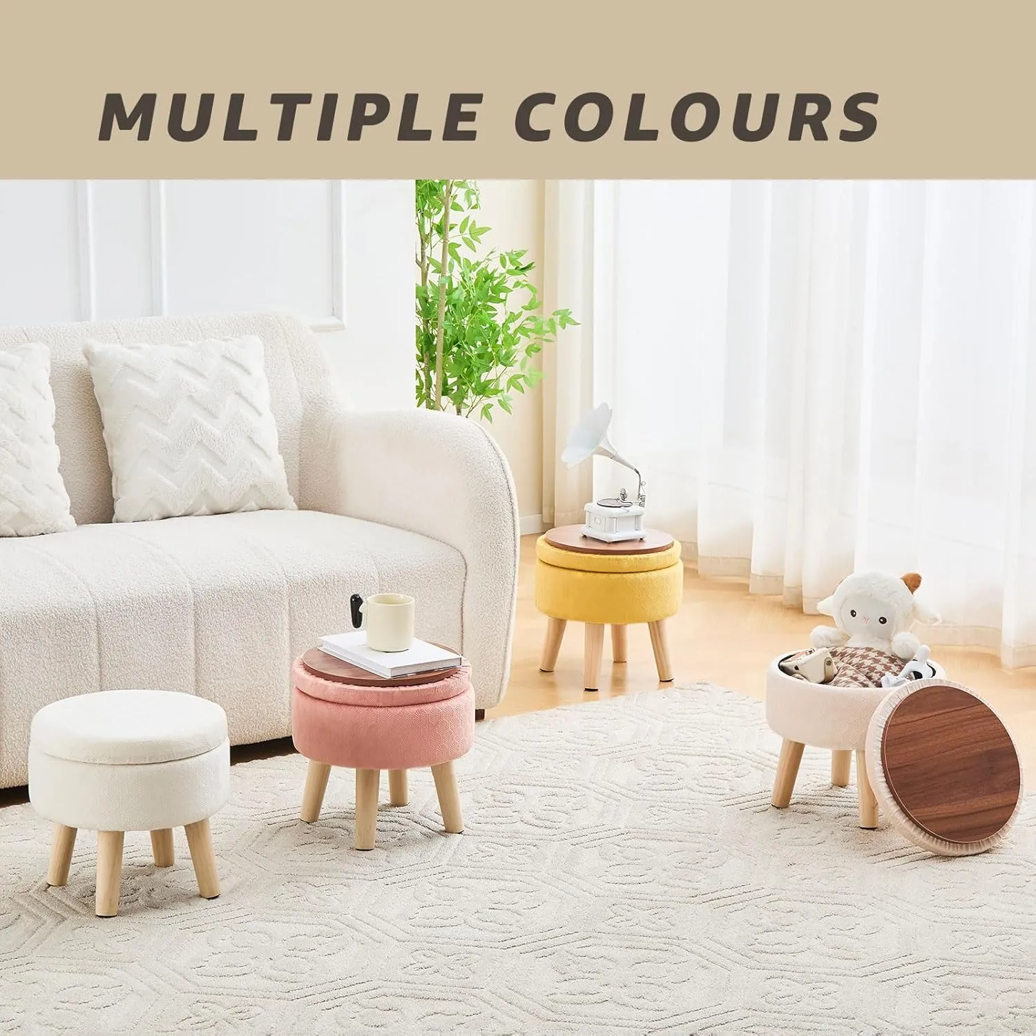 Cpintltr Round Footstool Ottoman Rabbit Wool Mushroom Stool Solid Wood Stool Small Upholstered Ottoman Shoe Changing Foot Stool Step Stool Sofa Footrest Stool for Living Room (Storage-Pink)