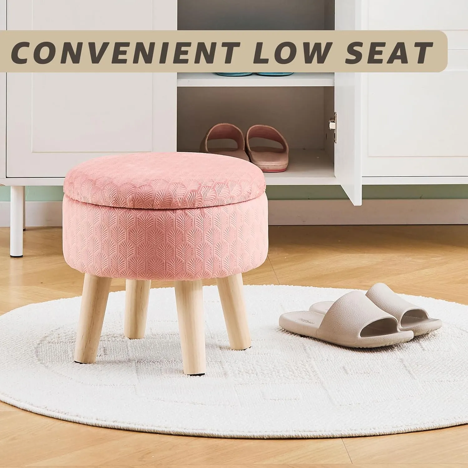 Cpintltr Round Footstool Ottoman Rabbit Wool Mushroom Stool Solid Wood Stool Small Upholstered Ottoman Shoe Changing Foot Stool Step Stool Sofa Footrest Stool for Living Room (Storage-Pink)