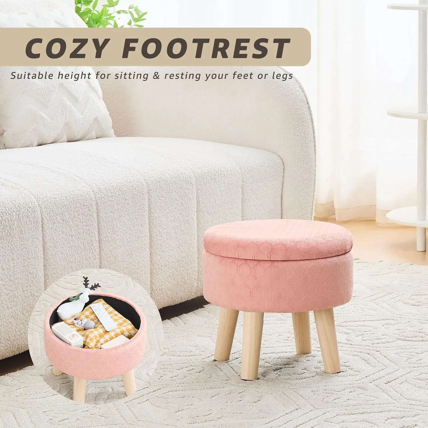 Cpintltr Round Footstool Ottoman Rabbit Wool Mushroom Stool Solid Wood Stool Small Upholstered Ottoman Shoe Changing Foot Stool Step Stool Sofa Footrest Stool for Living Room (Storage-Pink)