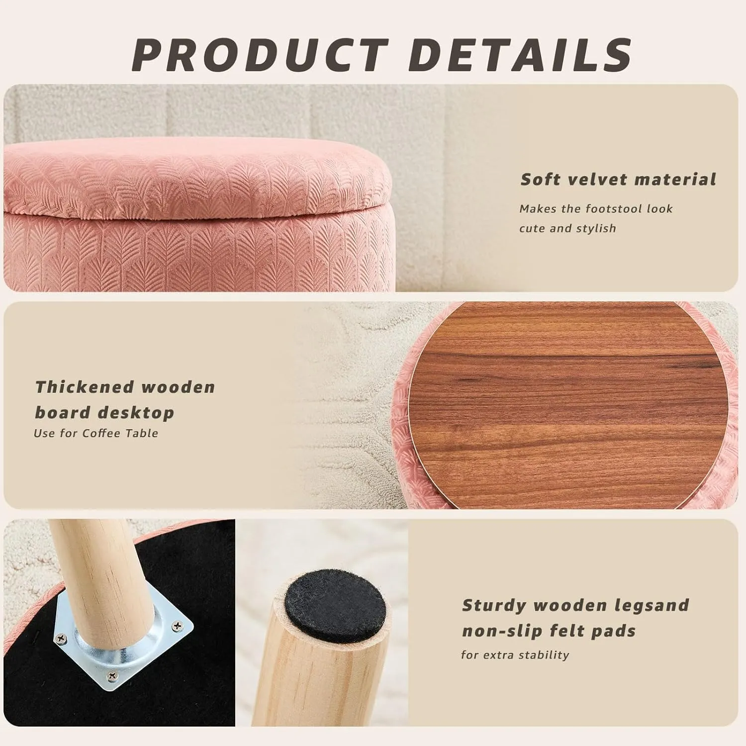 Cpintltr Round Footstool Ottoman Rabbit Wool Mushroom Stool Solid Wood Stool Small Upholstered Ottoman Shoe Changing Foot Stool Step Stool Sofa Footrest Stool for Living Room (Storage-Pink)
