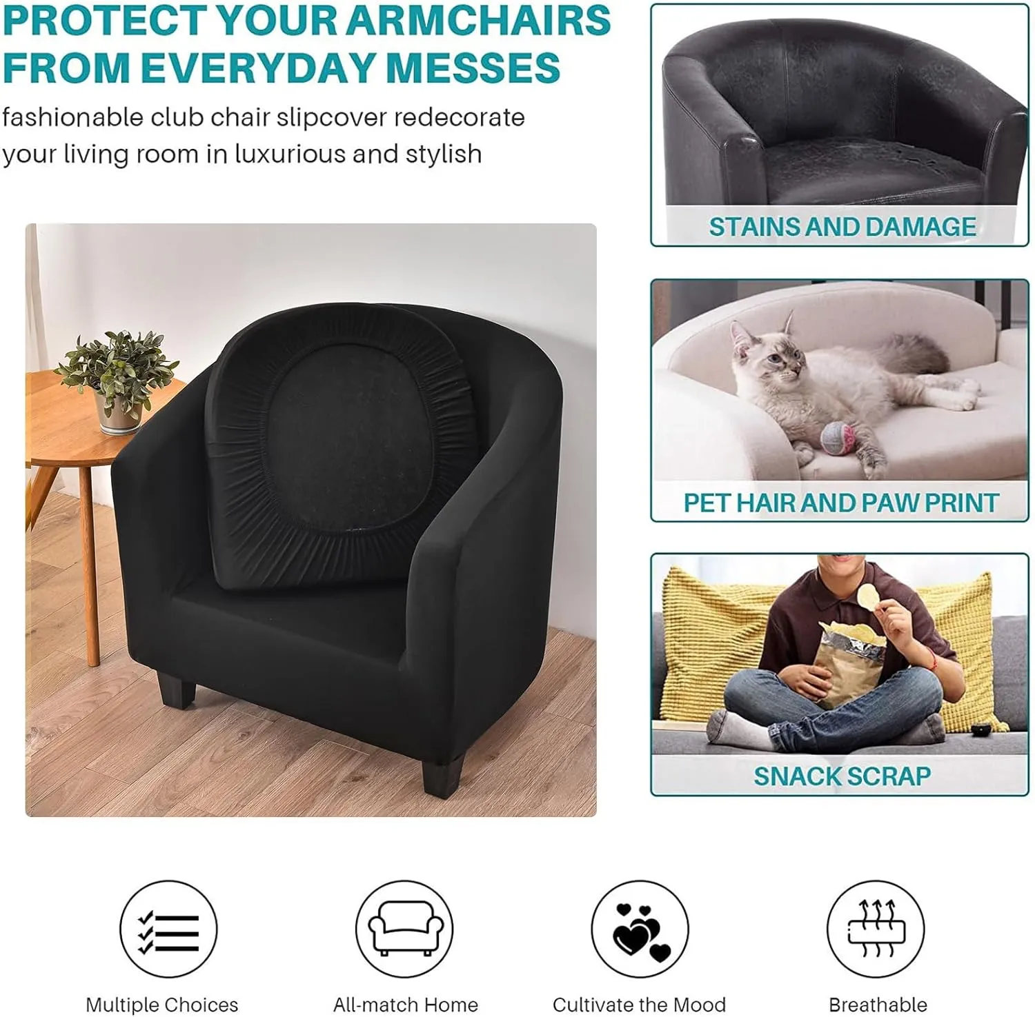 CRFATOP 2 Piece Club Chair Slipcover Stretch Barrel Chair Covers Printed Tub Chair Slipcovers Soft Armchair Covers Removable Furniture Protector Arm Chair Cover for Living Room,Black