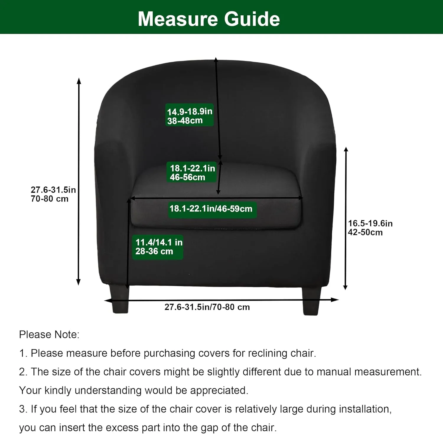 CRFATOP 2 Piece Club Chair Slipcover Stretch Barrel Chair Covers Printed Tub Chair Slipcovers Soft Armchair Covers Removable Furniture Protector Arm Chair Cover for Living Room,Black