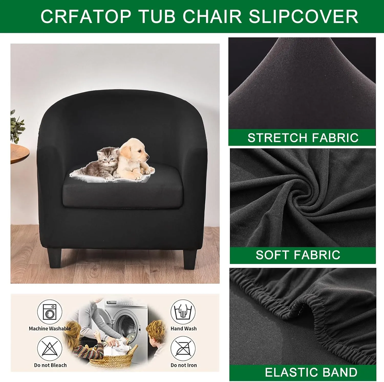 CRFATOP 2 Piece Club Chair Slipcover Stretch Barrel Chair Covers Printed Tub Chair Slipcovers Soft Armchair Covers Removable Furniture Protector Arm Chair Cover for Living Room,Black
