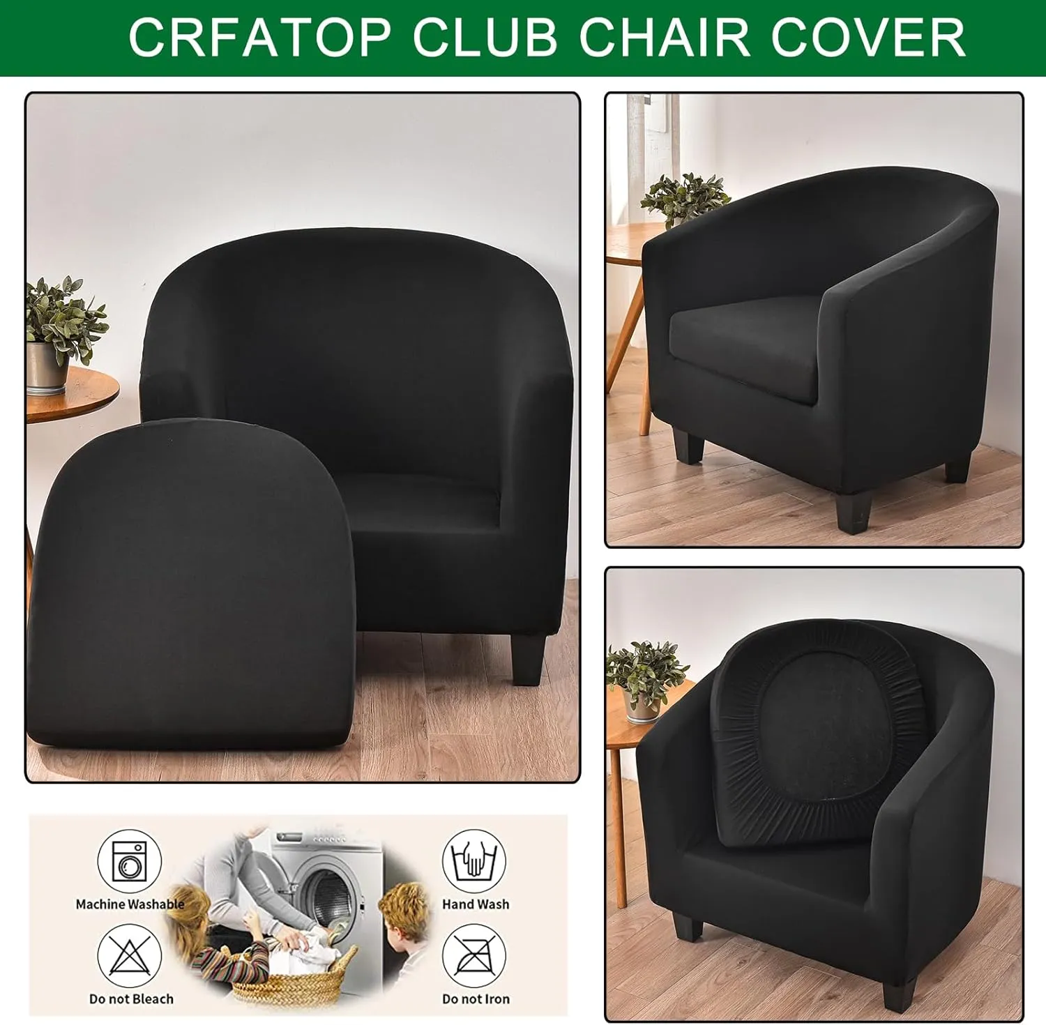 CRFATOP 2 Piece Club Chair Slipcover Stretch Barrel Chair Covers Printed Tub Chair Slipcovers Soft Armchair Covers Removable Furniture Protector Arm Chair Cover for Living Room,Black