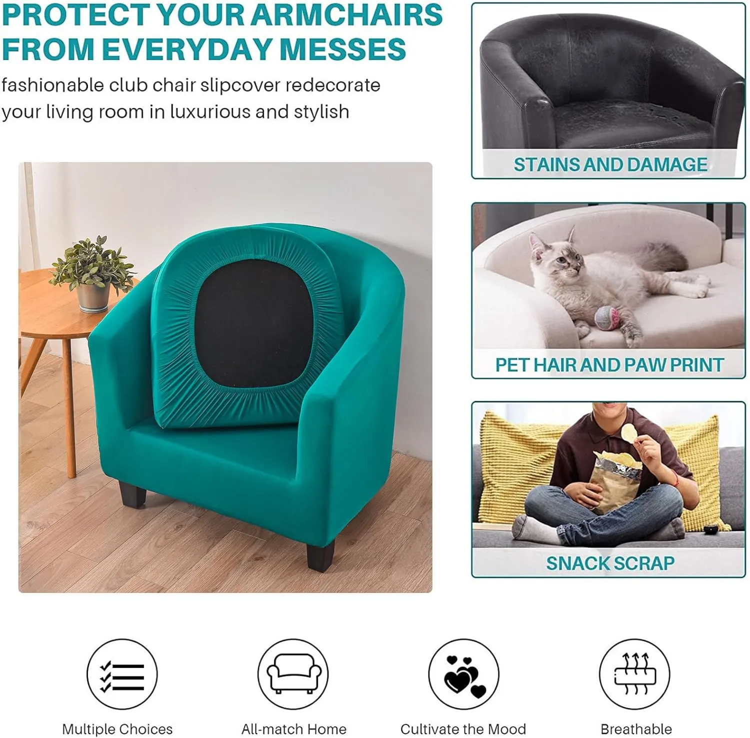 CRFATOP 2 Piece Club Chair Slipcover Stretch Barrel Chair Covers Solid Tub Chair Slipcovers Soft Armchair Covers Removable Furniture Protector Arm Chair Cover for Living Room,Peacock Blue