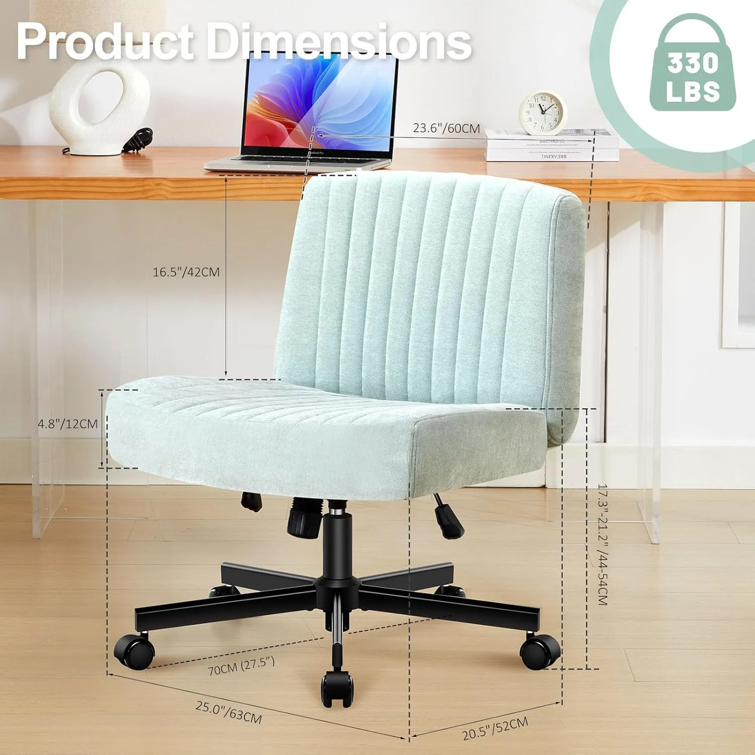 Criss Cross Chair with Wheels,Thick Padded Fabric Cross Legged Office Desk Chair with Pocket Springs Cushion,Dual-Purpose Base,Wide Adjustable Computer Home Office Vanity Chair,Mint Green