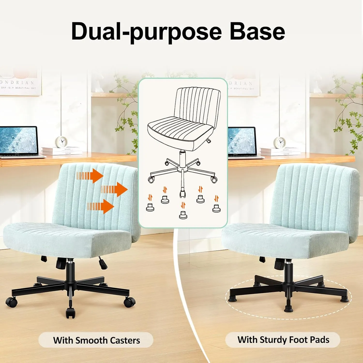 Criss Cross Chair with Wheels,Thick Padded Fabric Cross Legged Office Desk Chair with Pocket Springs Cushion,Dual-Purpose Base,Wide Adjustable Computer Home Office Vanity Chair,Mint Green