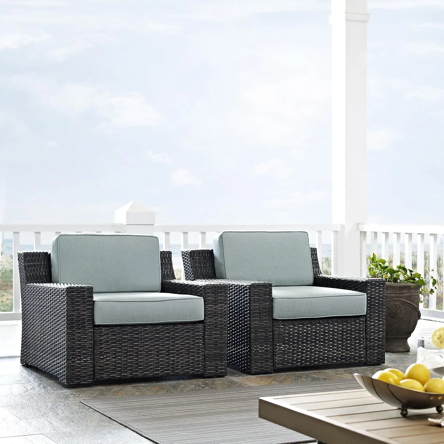Crosley Furniture Beaufort Beaufort 2-Piece Outdoor Chair Set, Wicker Patio Chairs for Conversation, Porch, Deck, Brown with Mist Cushions