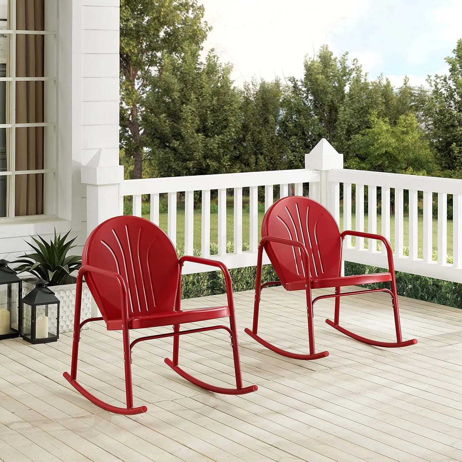 Crosley Furniture Griffith Retro Metal Outdoor Rocking Chairs, Set of 2, for Porch, Deck, Balcony, Backyard, Bright Red Gloss