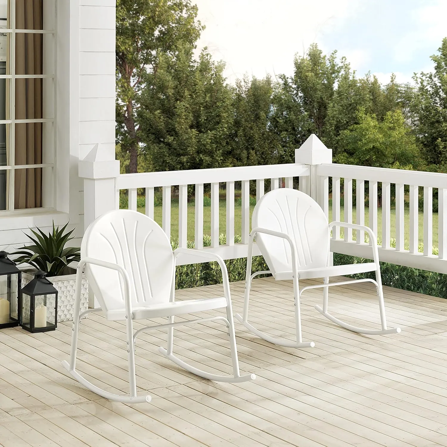 Crosley Furniture Griffith Retro Metal Outdoor Rocking Chairs, Set of 2, for Porch, Deck, Balcony, Backyard, White Gloss