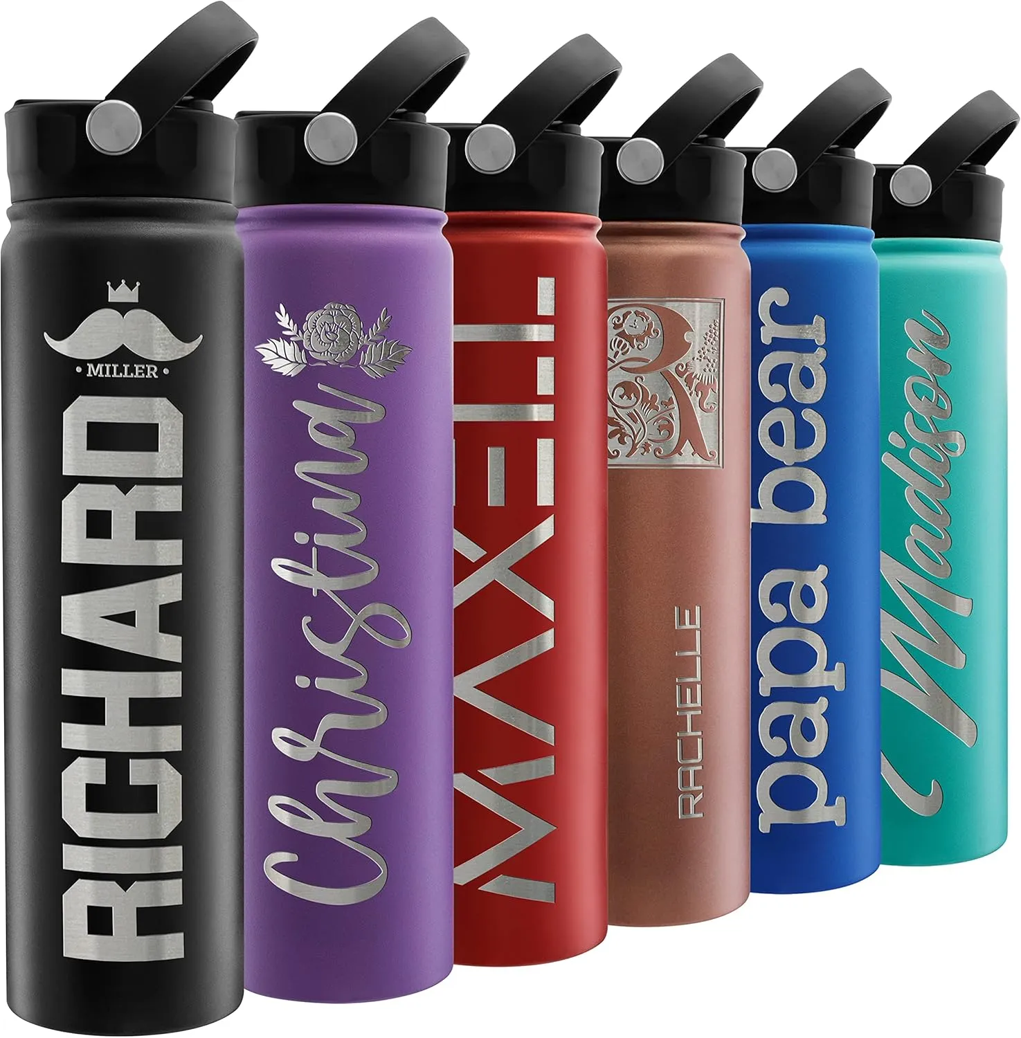Custom Water Bottle w/ Straw Lid & Handle - 24 oz & Black - Personalized Double-Wall Vacuum-Insulated Sports Water Bottle w Name & Text, Laser Engraved Water Bottle with 3 sizes, 12 designs & 9 color