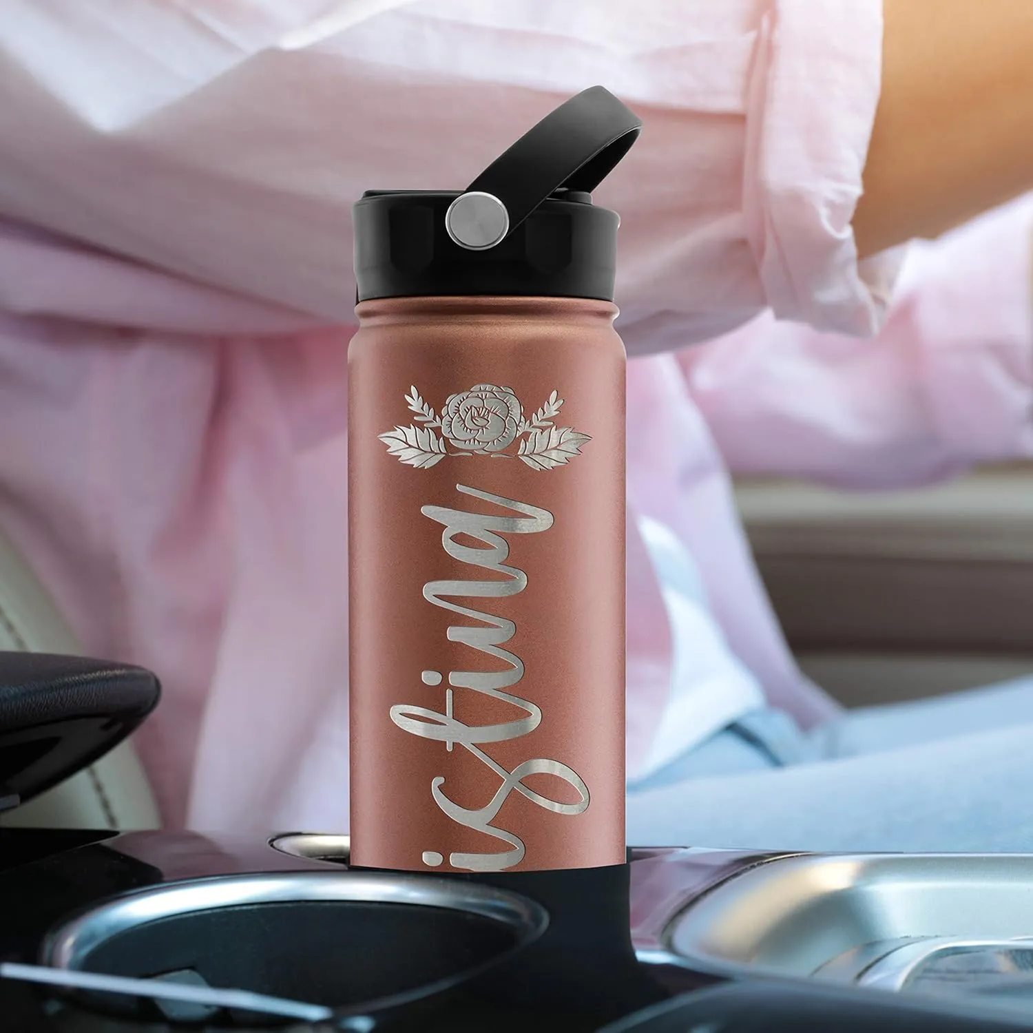 Custom Water Bottle w/ Straw Lid & Handle - 24 oz & Black - Personalized Double-Wall Vacuum-Insulated Sports Water Bottle w Name & Text, Laser Engraved Water Bottle with 3 sizes, 12 designs & 9 color