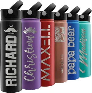 Custom Water Bottle w/ Straw Lid & Handle - 24 oz & Black - Personalized Double-Wall Vacuum-Insulated Sports Water Bottle w Name & Text, Laser Engraved Water Bottle with 3 sizes, 12 designs & 9 color