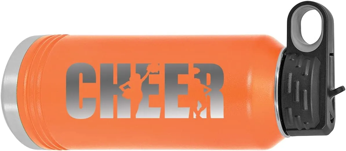 CustomGiftsNow Cheer - Cheerleading 32-Ounce Engraved Double-Wall Insulated Stainless Steel Sports Water Bottles with Flip Top Lid, Straw (Orange)