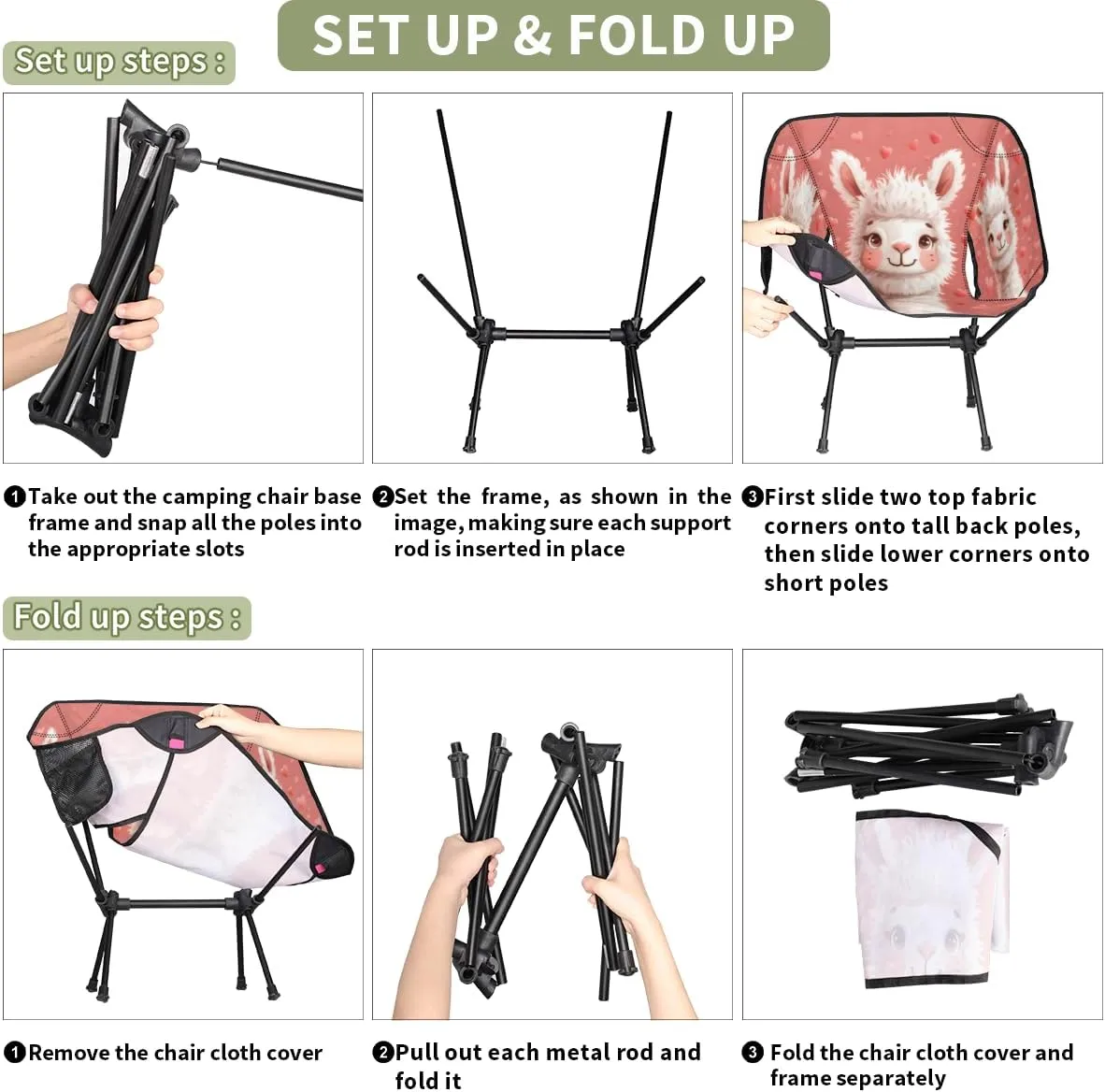Cute Animal Alpaca Llama Portable Camping Chair Lightweight Folding Backpacking Chair, Compact Foldable Beach Seat with Carry Bag for Outdoor Hiking Fishing Travel