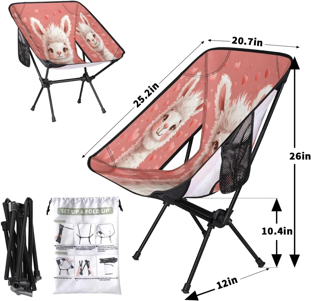 Cute Animal Alpaca Llama Portable Camping Chair Lightweight Folding Backpacking Chair, Compact Foldable Beach Seat with Carry Bag for Outdoor Hiking Fishing Travel