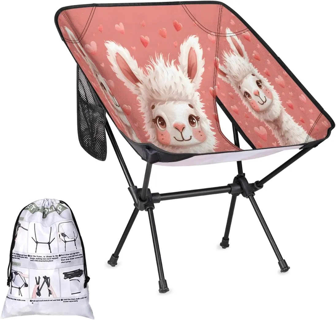 Cute Animal Alpaca Llama Portable Camping Chair Lightweight Folding Backpacking Chair, Compact Foldable Beach Seat with Carry Bag for Outdoor Hiking Fishing Travel