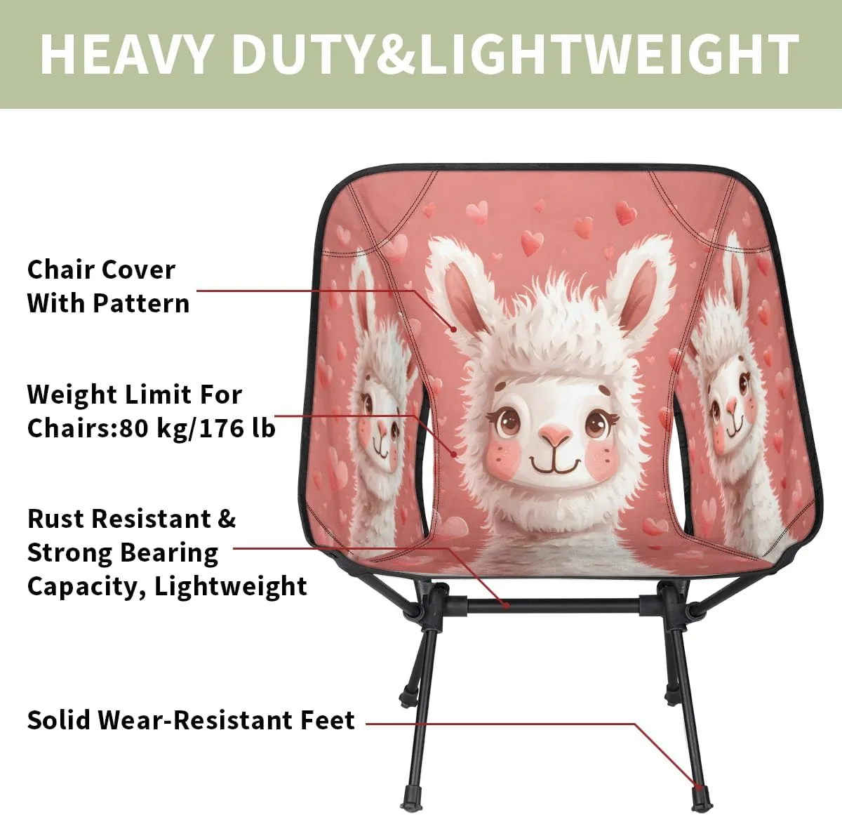 Cute Animal Alpaca Llama Portable Camping Chair Lightweight Folding Backpacking Chair, Compact Foldable Beach Seat with Carry Bag for Outdoor Hiking Fishing Travel