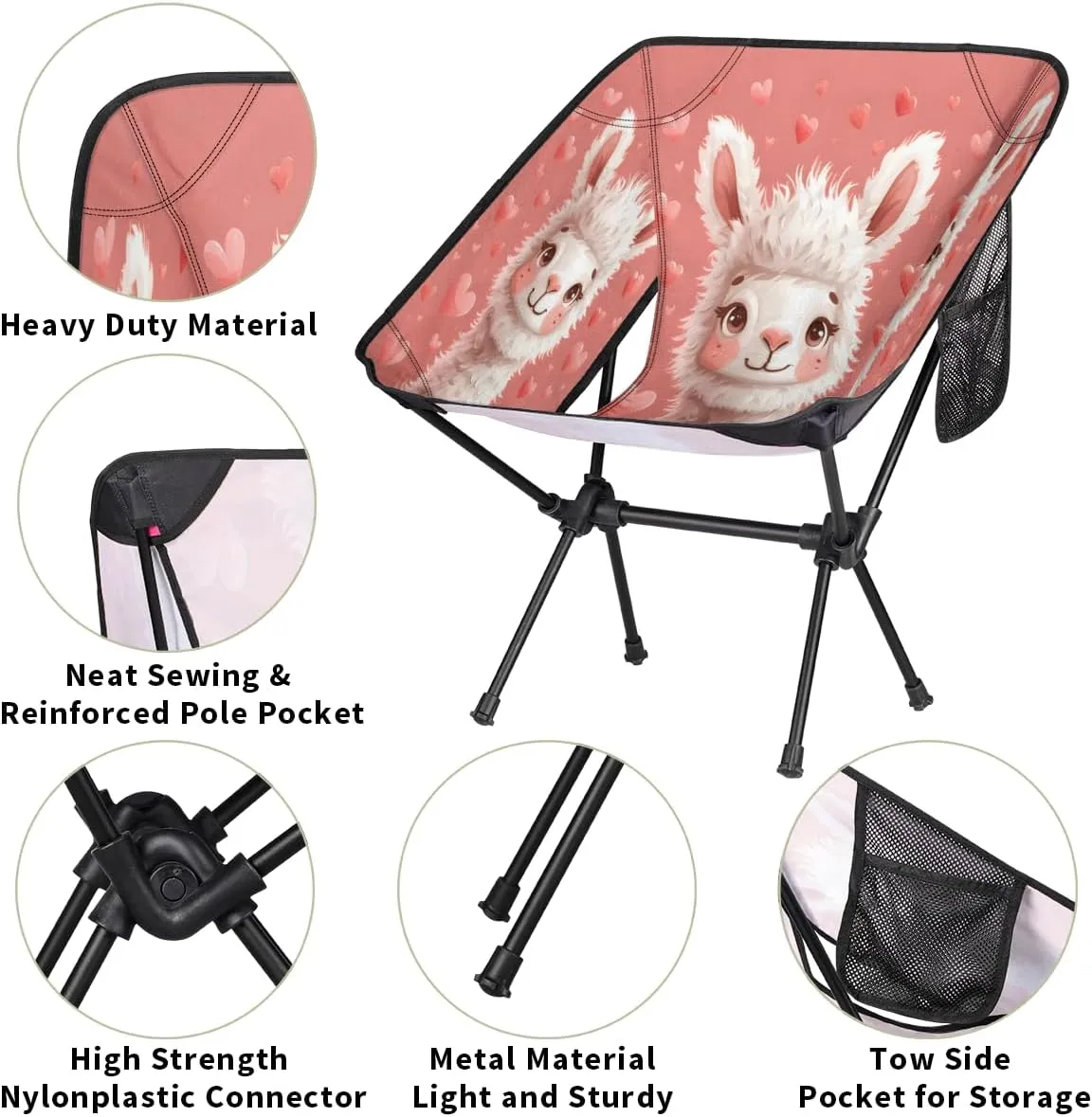 Cute Animal Alpaca Llama Portable Camping Chair Lightweight Folding Backpacking Chair, Compact Foldable Beach Seat with Carry Bag for Outdoor Hiking Fishing Travel