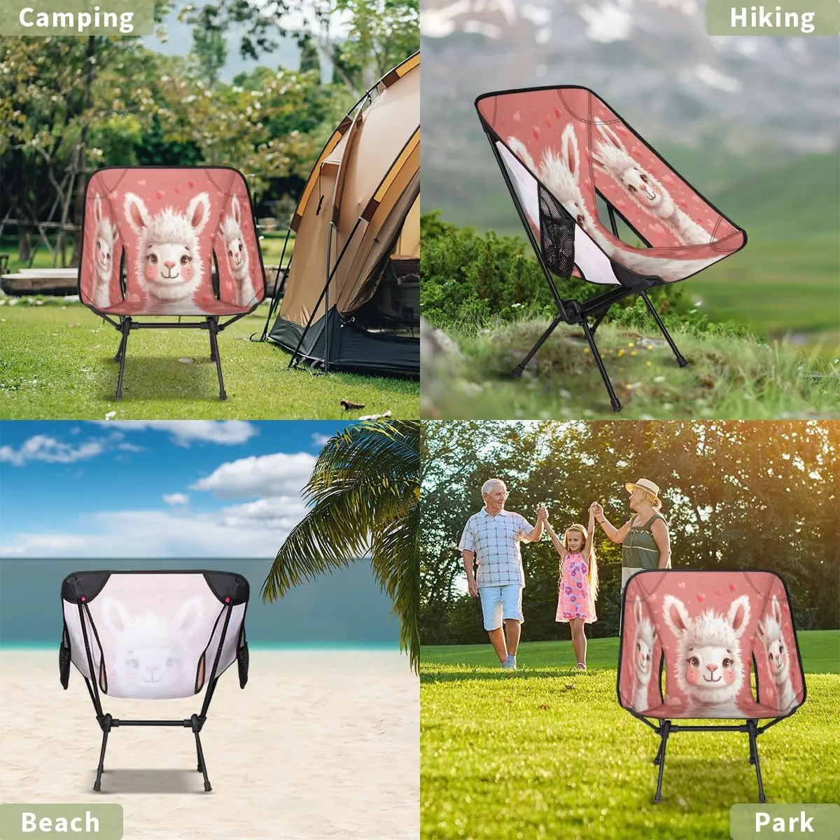 Cute Animal Alpaca Llama Portable Camping Chair Lightweight Folding Backpacking Chair, Compact Foldable Beach Seat with Carry Bag for Outdoor Hiking Fishing Travel