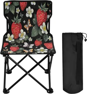 Cute Blue Strawberry Portable Outdoor Folding Chair Anti-Slip Padded Oxford Cloth Stool Camping Chair Small for Beach Hiking Fishing Gardening Quad Camp Chair