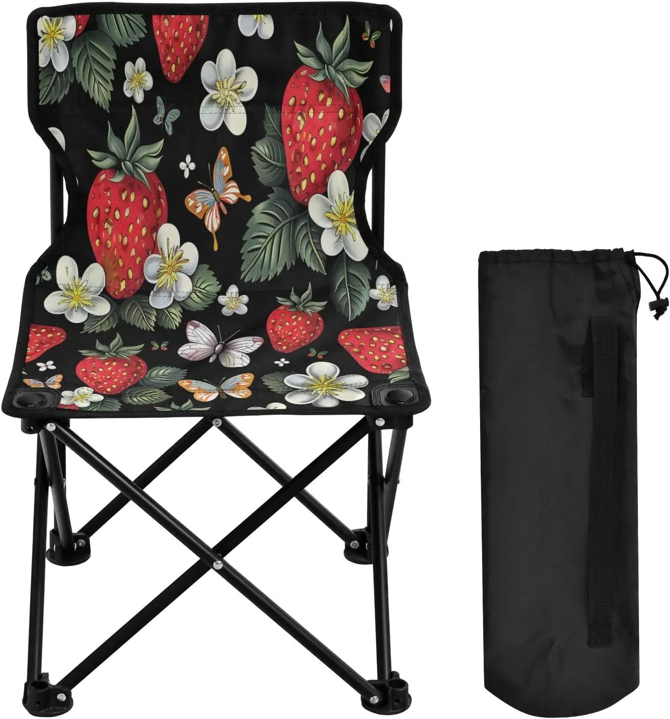 Cute Blue Strawberry Portable Outdoor Folding Chair Anti-Slip Padded Oxford Cloth Stool Camping Chair Small for Beach Hiking Fishing Gardening Quad Camp Chair