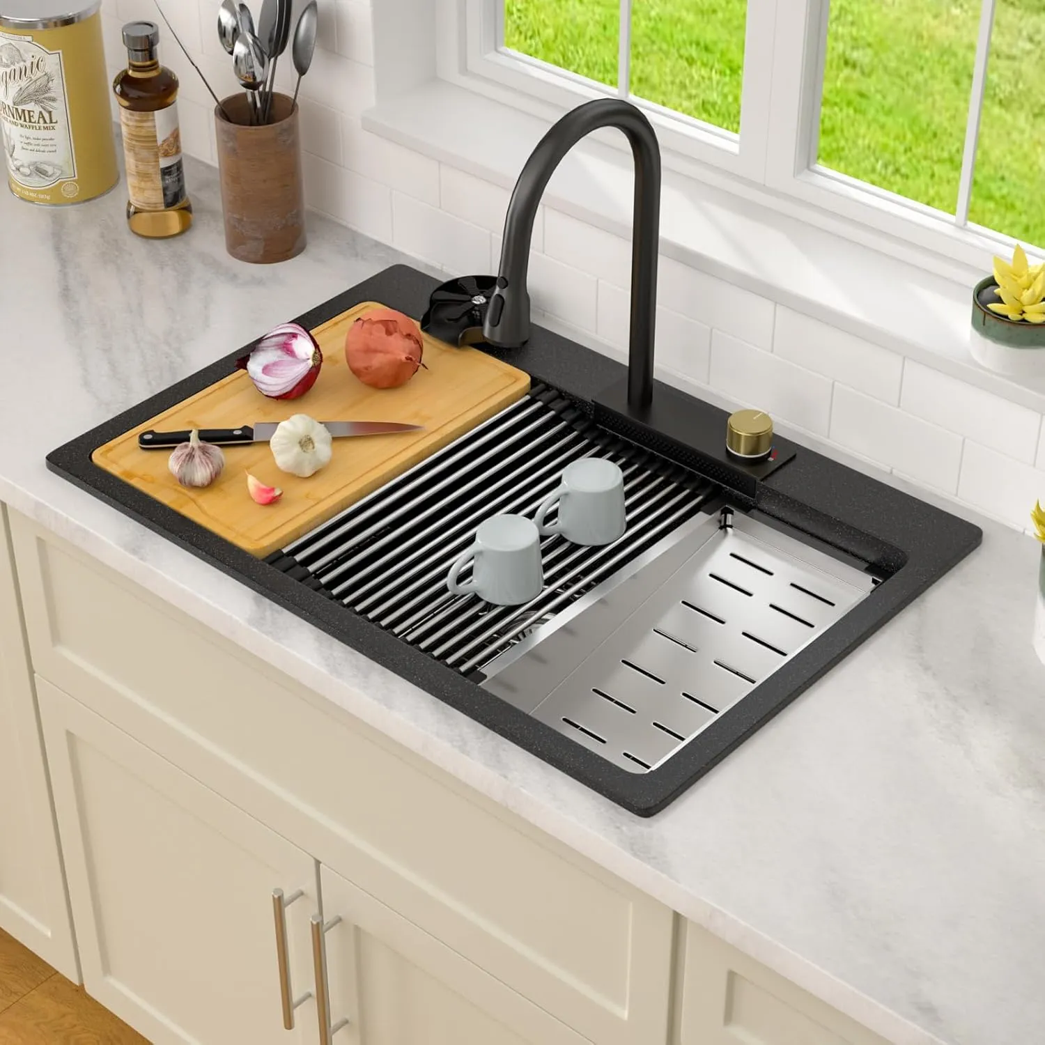 Dcolora Waterfall Smart Kitchen Sink 33x22 Drop In Single Bowl Multifunctional Kitchen Sinks With Faucet And Cup Washer,33 Inch Granite Composite (Black) DC-GBT7733FY