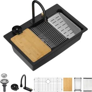 Dcolora Waterfall Smart Kitchen Sink 33x22 Drop In Single Bowl Multifunctional Kitchen Sinks With Faucet And Cup Washer,33 Inch Granite Composite (Black) DC-GBT7733FY