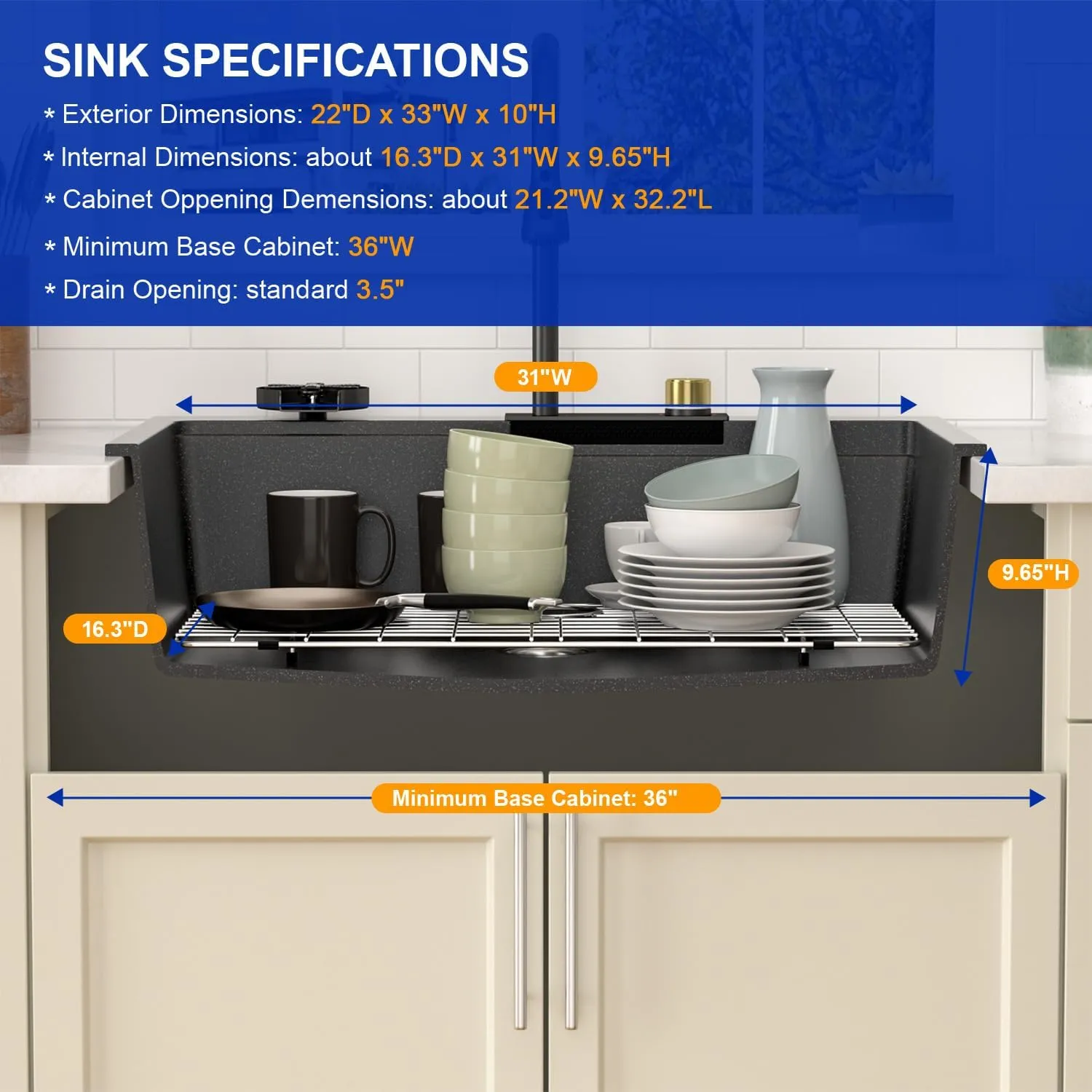 Dcolora Waterfall Smart Kitchen Sink 33x22 Drop In Single Bowl Multifunctional Kitchen Sinks With Faucet And Cup Washer,33 Inch Granite Composite (Black) DC-GBT7733FY