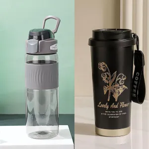 DEARART 2-Pack Bottles, 24oz Grey Water Bottle & 17oz Black Thermos Bottle Lockable Lid Flip Up, Easy Carried