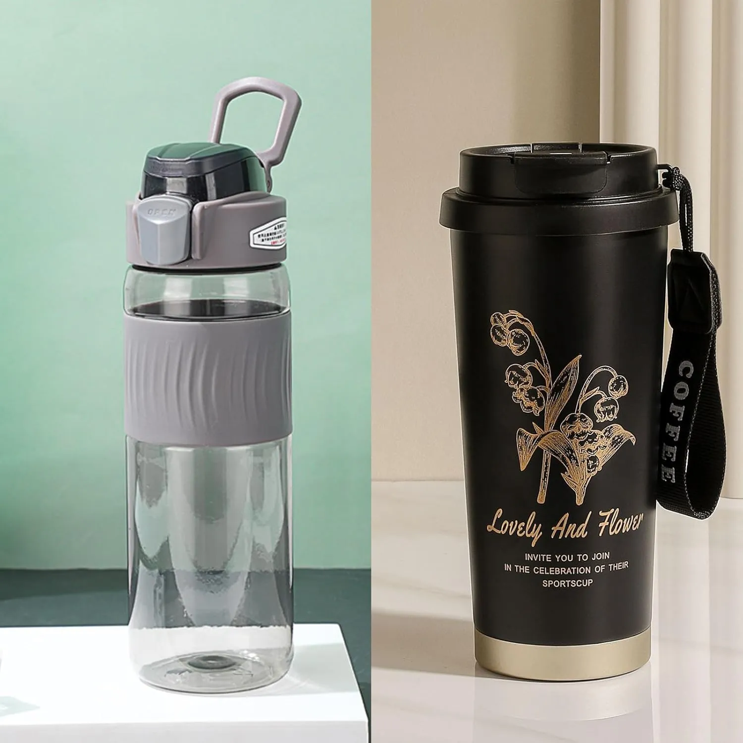 DEARART 2-Pack Bottles, 24oz Grey Water Bottle & 17oz Black Thermos Bottle Lockable Lid Flip Up, Easy Carried