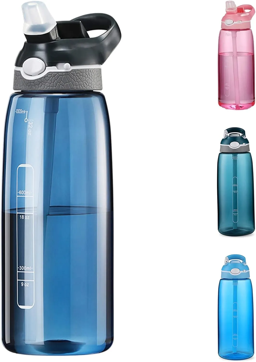 DEARART 32oz Blue Water Bottle With Straw BPA FREE and Hidden Cup Mouth, Wide Mouth Easy Clean One Hand and Handle Easy Carried, Suit Sports Office Basketball Gym Travel School etc.