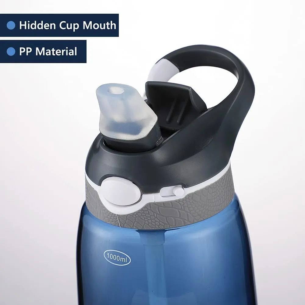 DEARART 32oz Blue Water Bottle With Straw BPA FREE and Hidden Cup Mouth, Wide Mouth Easy Clean One Hand and Handle Easy Carried, Suit Sports Office Basketball Gym Travel School etc.