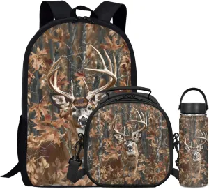 Deer Kids Backpack 3 Pcs Set for Boys Forest Camo Bookbag with Lunch Box for 4-12 Years Children School Bag for Child 17 Inch Book Bags with Water Bottle for Girls