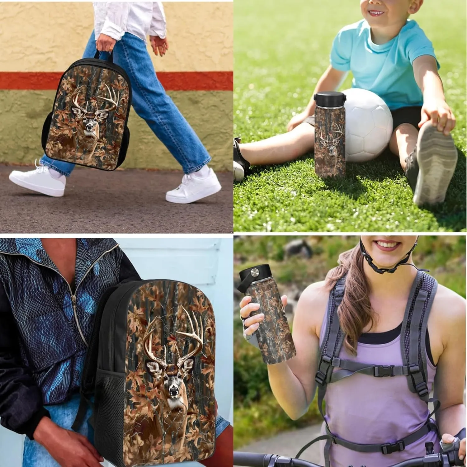 Deer Kids Backpack 3 Pcs Set for Boys Forest Camo Bookbag with Lunch Box for 4-12 Years Children School Bag for Child 17 Inch Book Bags with Water Bottle for Girls