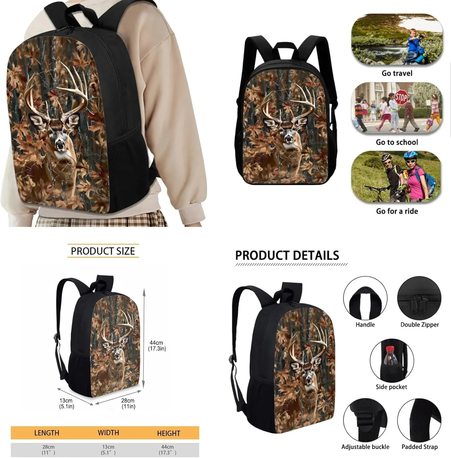 Deer Kids Backpack 3 Pcs Set for Boys Forest Camo Bookbag with Lunch Box for 4-12 Years Children School Bag for Child 17 Inch Book Bags with Water Bottle for Girls