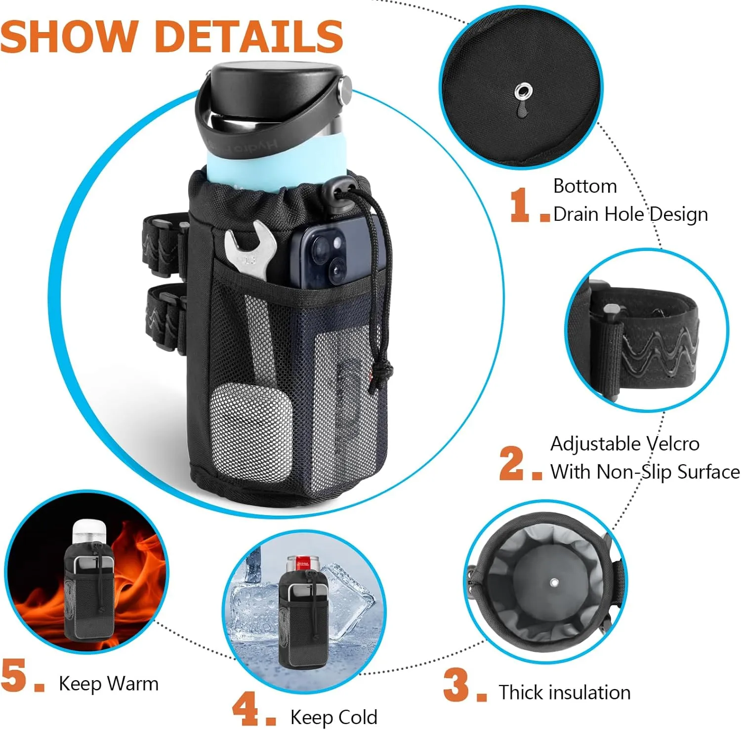 Desing Wish Insulated Bottle Holder, 16-24oz Cup Holder with Removable Non-Slip Straps, Multiple Installation Methods for Mountain Bike, Road Bike, eBike, Scooter