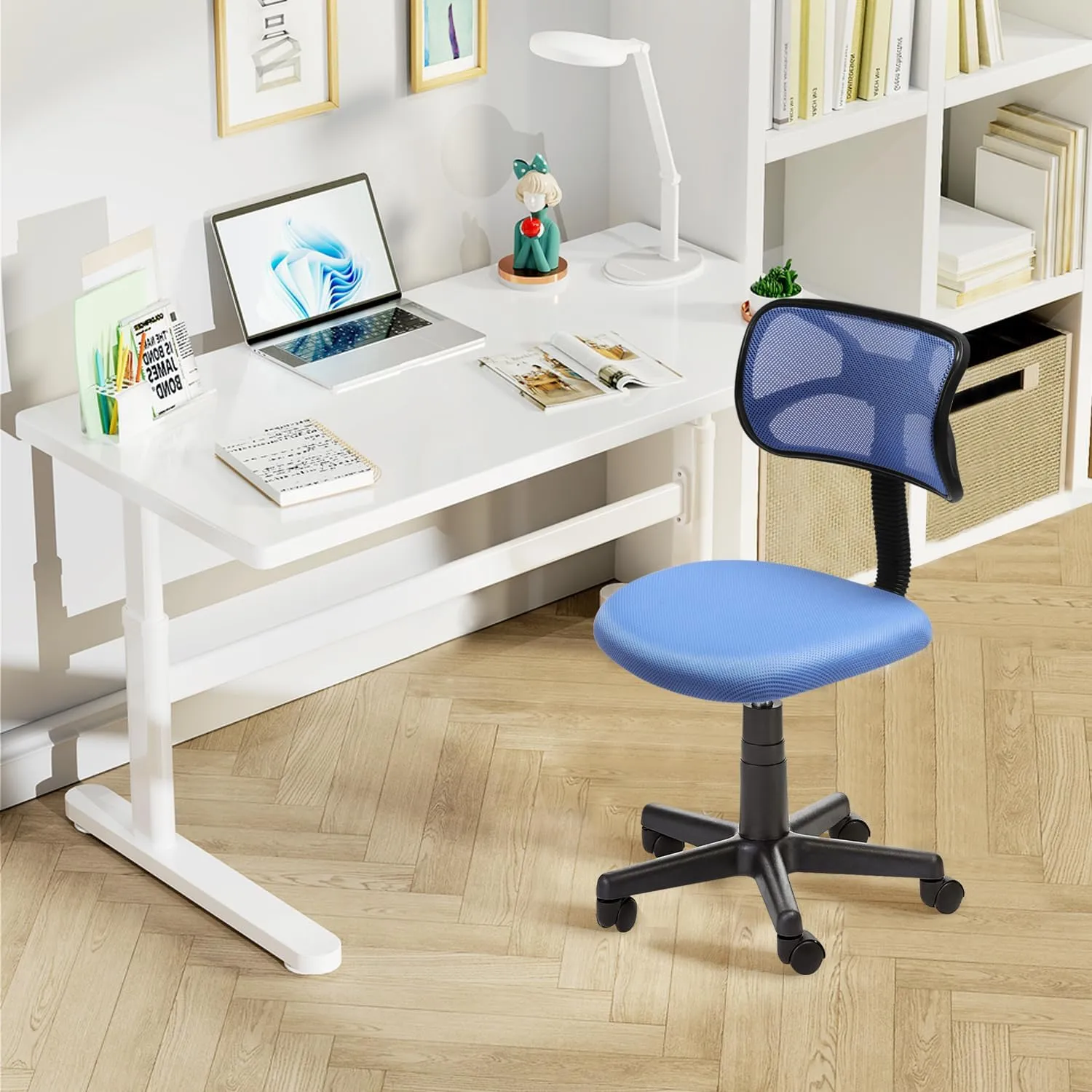Desk Chair Low-Back, Mesh Student Study Task Chair Armless Ergonomic Small Sylish Swivel Adjustable Rolling Seating for Small Spaces Home Office Bedroom Study, Blue