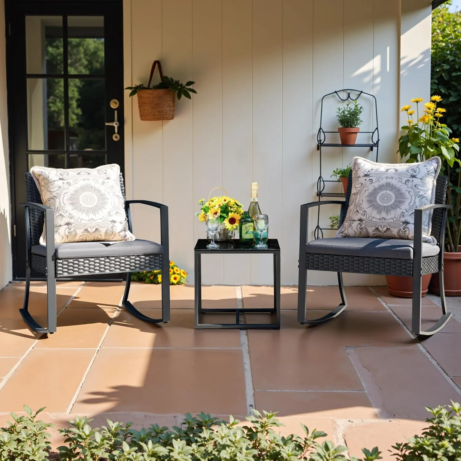 Devoko PP Patio Furniture Set 3 Piece All Weather Outdoor Rocking Chairs with Cushions and Coffee Table for Bistro Balcony Porch (Gray)